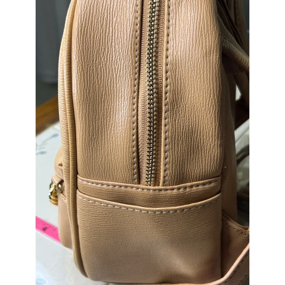 Bebe Logo Mini Backpack Tan Faux Leather‎ Gold Chain Zip Front Pocket Women